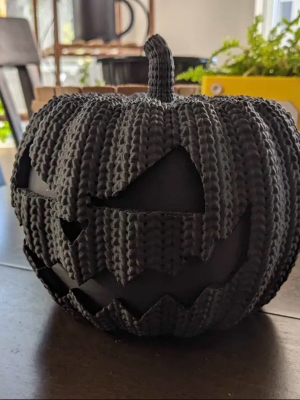 Handcrafted Black Knit Pumpkin Lantern - Decorative Halloween Accent